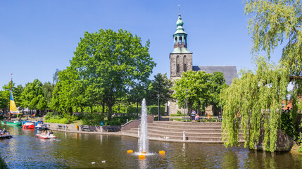 Fountain in the vechte river in the center of Nordhorn, Germany - obrazy, fototapety, plakaty