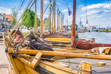 Traditional ducth wooden sailing ships at the quay in Harderwijk, Netherlands