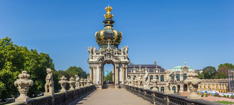 Panorama of the historic Kronentor gate at the Zwinger complex in Dresden, Germany