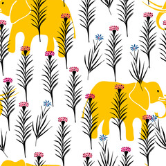 Cute seamless pattern with elephants and stylized flowers. Vector illustration.