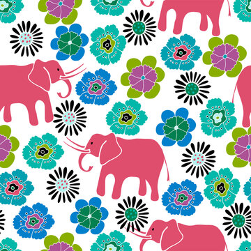 Cute seamless pattern with elephants and stylized flowers. Vector illustration.