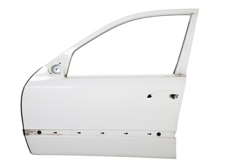 The front door of the car is white on an isolated background. Body repair of vehicles in a service workshop