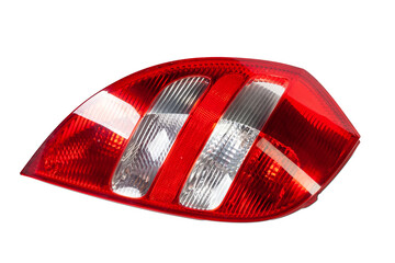 A taillight of a stop signal for a German auto - optical equipment of white and red color on a white isolated background. A spare part for repair and sale in a car service center
