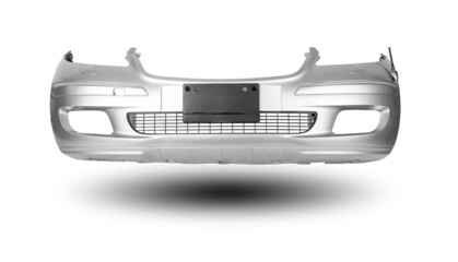 Silver car bumper with a black plastic panel on an isolated background, part for installation on a...