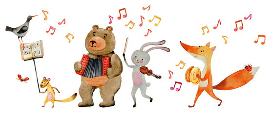 Cute cartoon animal marching band illustration. Watercolor cheerful funny musicians, bear, hare, fox isolated on white. Kids party card, greeting, banner, print, poster