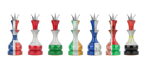 Chess queens in the colors of the flag of different countries. Isolated on a white background. Sport. Politics. Business.