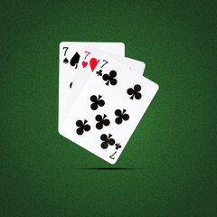 Three sevens. Playing cards, on a green background. Copy space. Shadow. Poker. Gambling