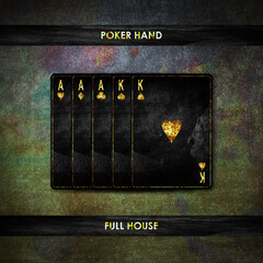 Full House, on a vintage, grunge, dark green poker background. Poker combinations. Poker Hands. Gambling