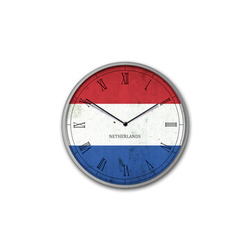 Wall clock in the color of the Netherlands flag. Signs and symbols. Isolated on a white background. Design element.