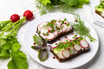 Healthy sandwiches with radish, cucumber, cottage cheese, sprinkled with green onions and pink pepper