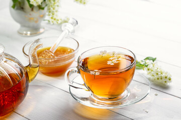 Useful spring tea with bird cherry in a transparent cup on a light background