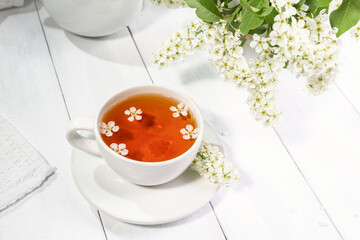 Useful spring tea with bird cherry in a white cup on a light background