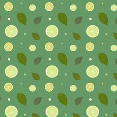 Lime and mint pattern. Lime slices and mint leaves on green background