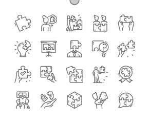 Puzzle. Thinking man, success, problem discussion, puzzle pieces and other. Pixel Perfect Vector Thin Line Icons. Simple Minimal Pictogram