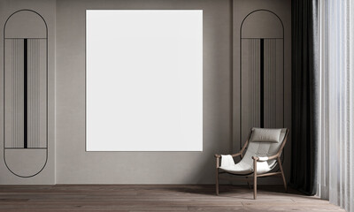Modern interior design and cozy living room and empty canvas frame on concrete wall background. 3d rendering