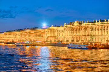 Winter Palace and Neva River in St. Petersburg during the White Night, Russian.