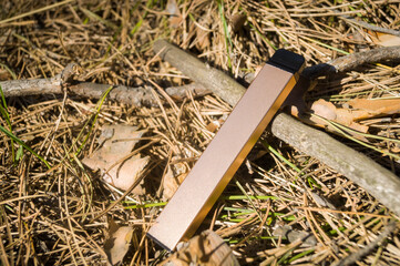 A modern electronic cigarette against the background of coniferous needles in the forest....