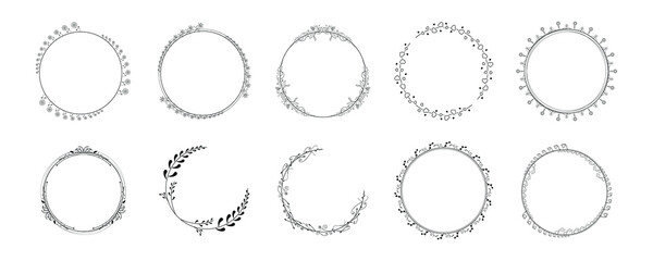 Set Black Simple Line Collection Doodle Round Floral Frame Leaves Elements Vector Design Style Sketch Isolated Illustration For Banner