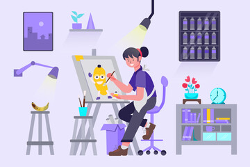 Concept of flat illustration The atmosphere of the painter's room There are many tools such as paint brushes, brushes, paints, easels, canvas, light bulbs, which must be inspired to create works.
