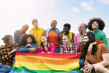 multiracial young group in protest lgbt gay pride day