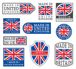 Collection made in UK symbols vector flat illustration. Set import emblem manufacturing in Britain
