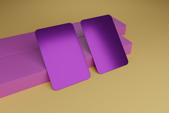 Purple business cards 3D mockup standing near box on golden background. 3D render illustration.