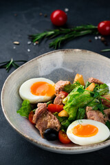 French salad Nicoise with tuna, eggs, green beans, tomatoes, olives, lettuce