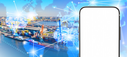 Phone in front seaport. Cell phone with blank screen. Template for advertising logistics services. Metaphor in international supply chains. Phone for logistics company website. Sea freight logistics