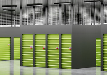 Storage space. Warehouse with containers with green gates. Visualization storage company. Warehouse corridors without anyone. Rooms for renting warehouse. Storage containers. 3d rendering.