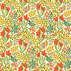 Seamless pattern with ornate hand drawn meadow, decorative field plants in retro style. Old fashioned floral print, original botanical background with wild flowers, herbs, leaves. Vector illustration.