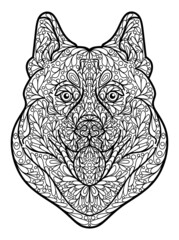 Husky dog ornament coloring page, black and white outline isolated on white background, stock vector illustration, print
