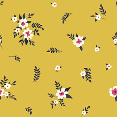 Seamless pattern with hand drawn plants, small flowers and bouquets in vintage style. Elegant floral print, romantic botanical background with tiny flowers, leaves in liberty composition. Vector.