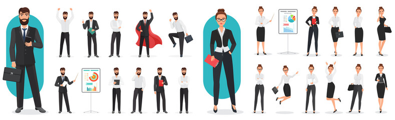 Businessman and businesswoman poses set vector illustration. Cartoon employee or director characters in office suits talking, professional managers from corporate team standing, jumping isolated white