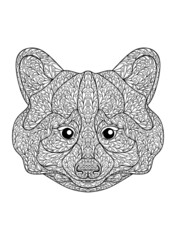 Raccoon ornament coloring page, black and white outline isolated on white background, stock vector illustration, print