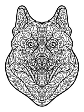 Husky dog ornament coloring page, black and white outline isolated on white background, stock vector illustration, print
