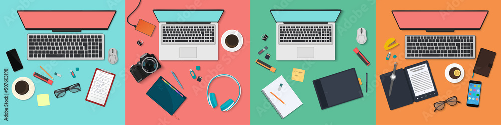 Aufkleber top view of workplace with computer and digital wireless devices set vector illustration. cartoon wo