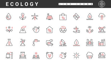 Eco friendly industry, green alternative technology to save climate and nature of planet thin red and black line icons set vector illustration. Abstract solar, wind and water resources for factory