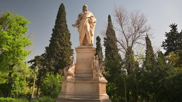  Orbital move of the camera around the statue of Ioannis Varvakis a Greek benefactor and hero of the war for independence.