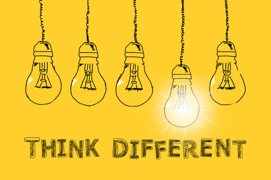 Think different. Be unique. Set of light bulbs hand drawn on a yellow background. Idea concept. Unique thinking concept