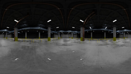 Full spherical seamless hdri panorama 360 degrees in interior of large underground parking in equirectangular projection. 3D render