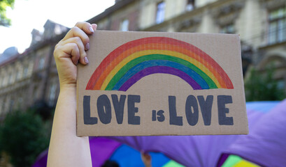 Woman holding placard sign Love is Love with rainbow, symbol of LGBT. Giant flag in background....