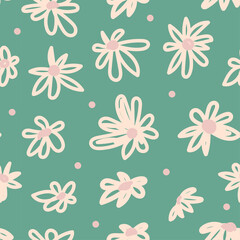 Fototapeta na wymiar Hand drawn daisy flowers seamless pattern on pastel green background. Cute floral pattern for print, fabric, wallpaper. Vector flat design