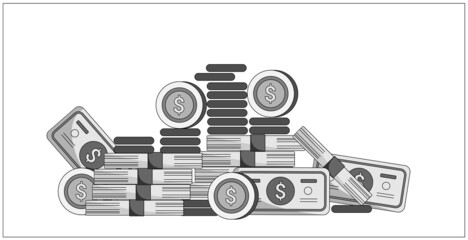 Line art minimal illustration with dollar coins and bank notes depicting rich, growth and profit 
