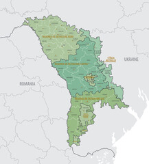 Detailed map of Moldova with administrative divisions into Regions, districts and municipalities, major cities of the country, vector illustration onwhite background