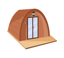 Camping wooden tent pod isolated on white background. Luxury comfortable glamping house. Summer outdoor recreation, vacation concept. Flat cartoon vector illustartion - obrazy, fototapety, plakaty