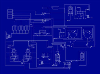 Milk production  with  industry process scheme outline concept. Abstract vector blueprint.