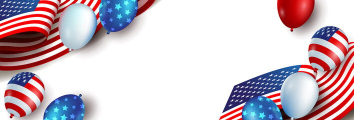 Fototapeta premium Independence day USA banner with american balloons and Flag of the United States and copy space