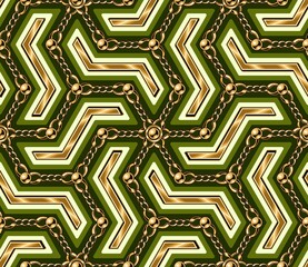 Seamless vintage arabesque pattern with gold chain, beads. Geometric grid with zigzag shapes. Classic beige background. Vector illustration