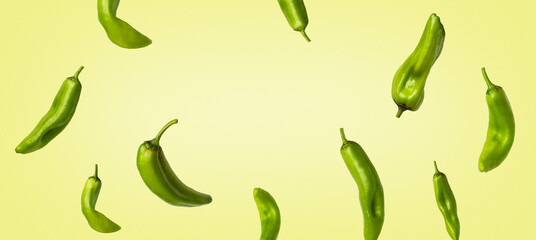 Creative banner with green peppers flying on light yellow background. Long food banner with copy space.