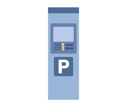 Parking Meters Icon. Parking Lot With Authorized Ticket Machine. Self Service Parking Pay. Electronic Payment Terminal. Vector Flat Illustration 